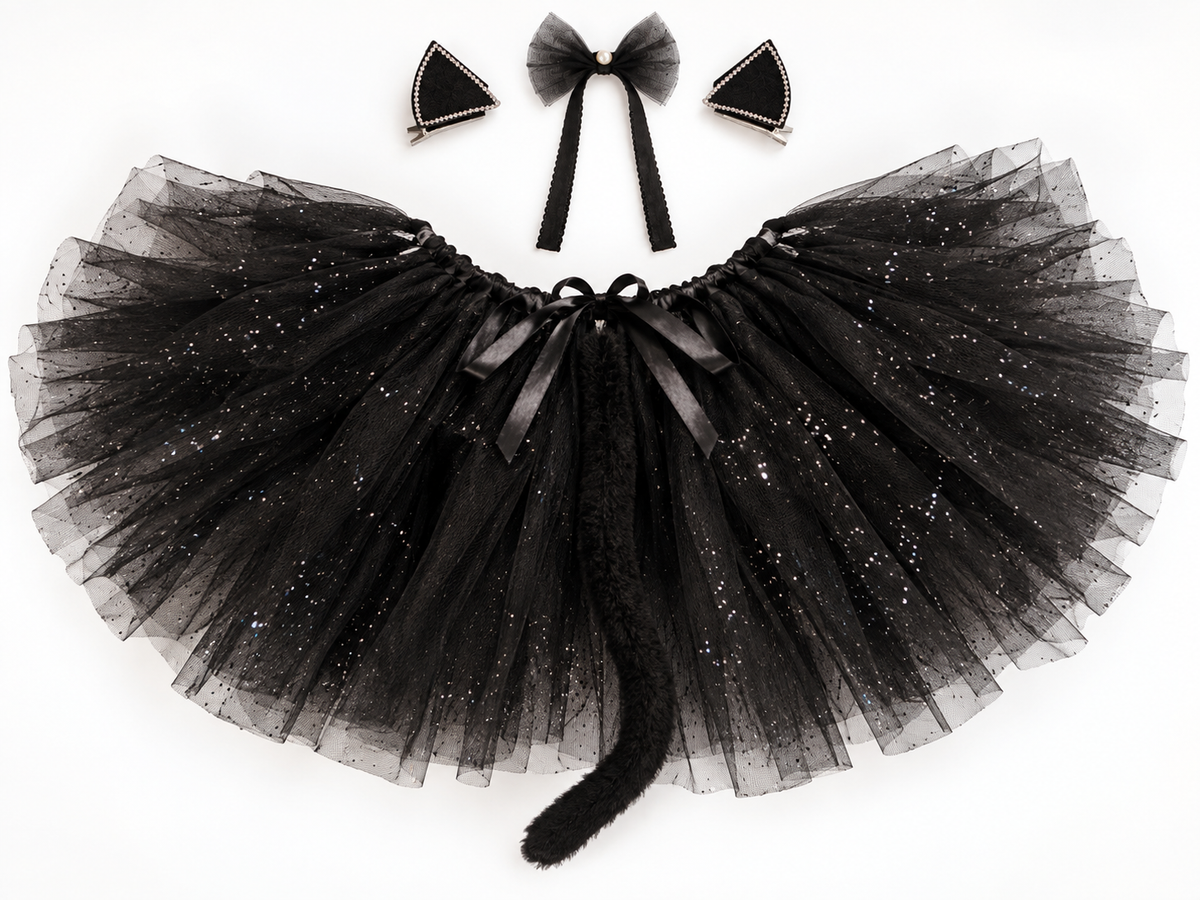 TIPY TIPY TAP CAT TUTU SKIRT WITH ATTACHED TAIL,CLIPS AND CHOKER - BLACK