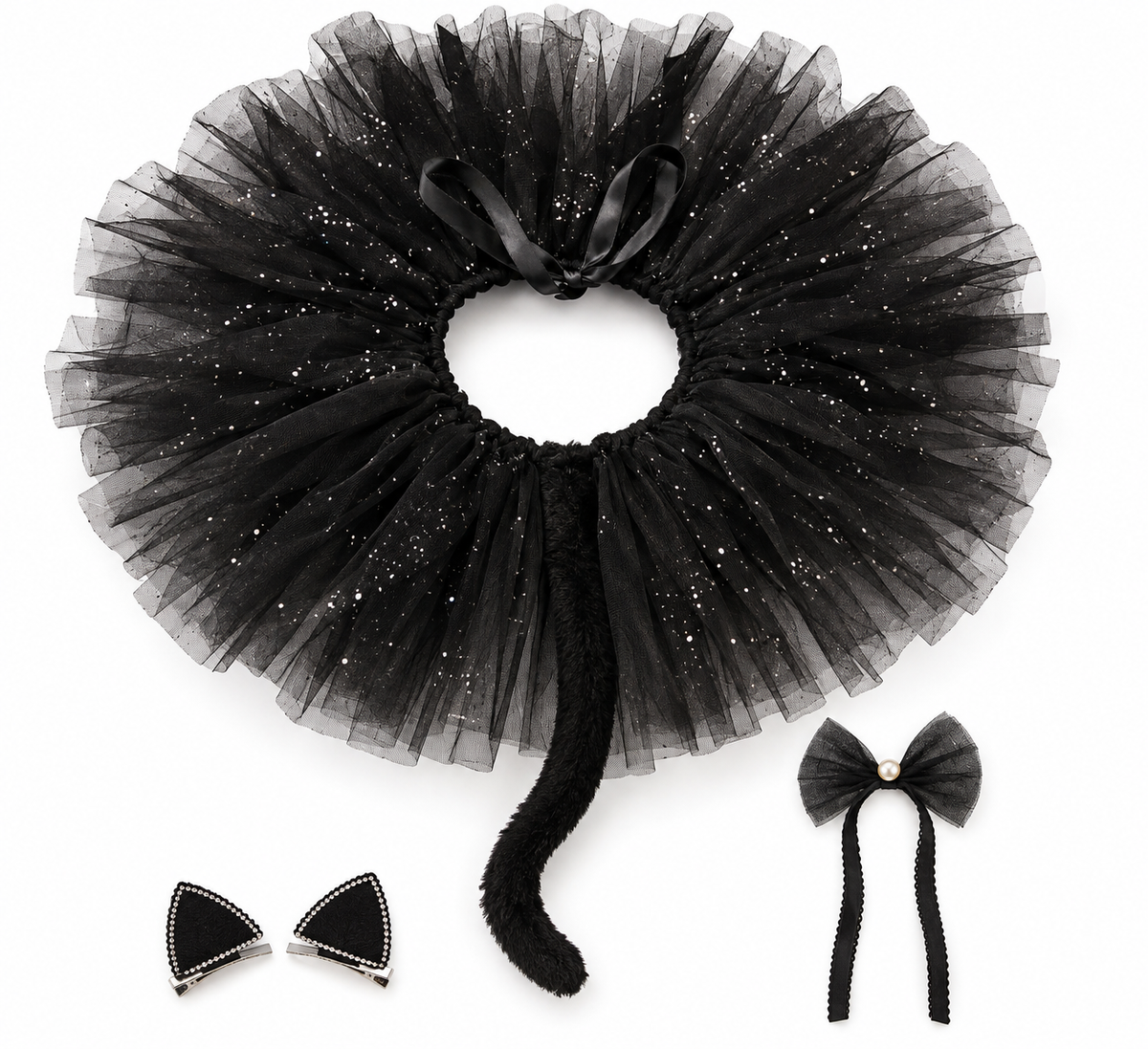TIPY TIPY TAP CAT TUTU SKIRT WITH ATTACHED TAIL,CLIPS AND CHOKER - BLACK