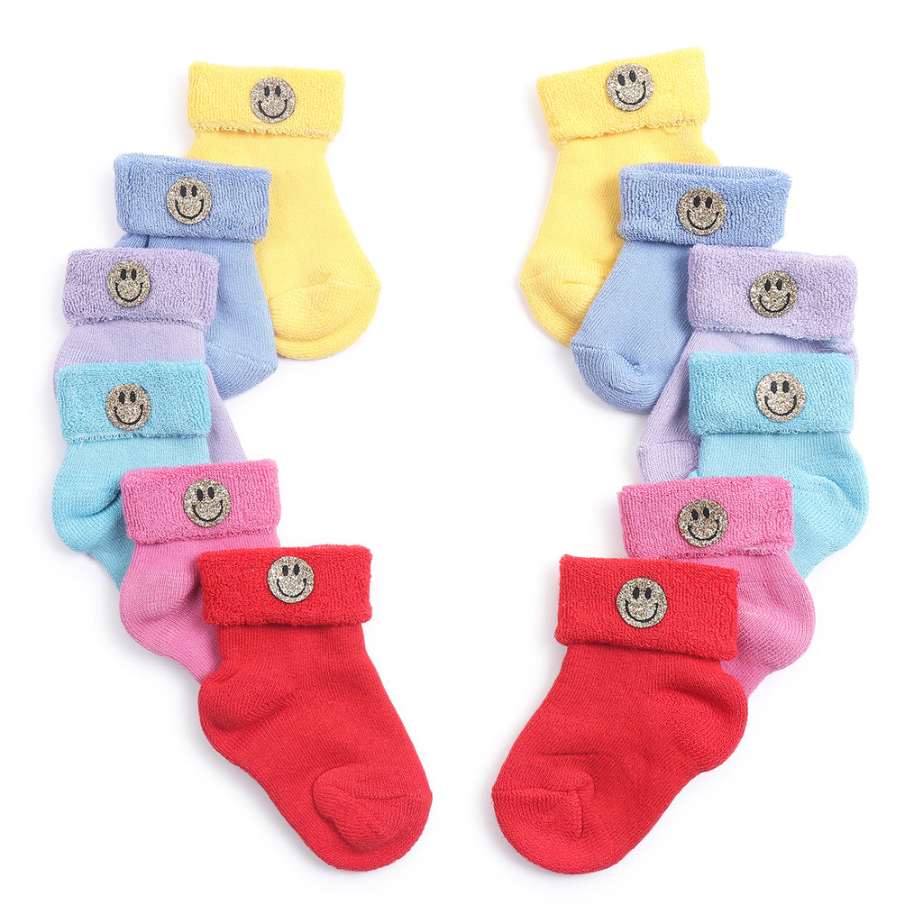 TIPY TIPY TAP SET OF 6 COTTON SMILEY SOCKS - RED,YELLOW,PINK,LILAC,BLUE,TURQOIS                                                   E                   EE
