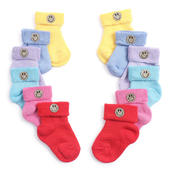 TIPY TIPY TAP SET OF 6 COTTON SMILEY SOCKS - RED,YELLOW,PINK,LILAC,BLUE,TURQOIS                                                   E                   EE