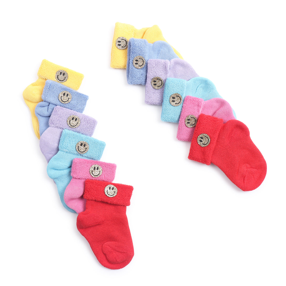 TIPY TIPY TAP SET OF 6 COTTON SMILEY SOCKS - RED,YELLOW,PINK,LILAC,BLUE,TURQOIS                                                   E                   EE