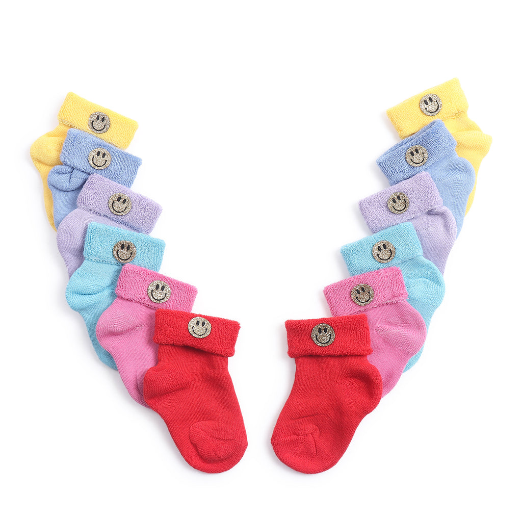 TIPY TIPY TAP SET OF 6 COTTON SMILEY SOCKS - RED,YELLOW,PINK,LILAC,BLUE,TURQOIS                                                   E                   EE