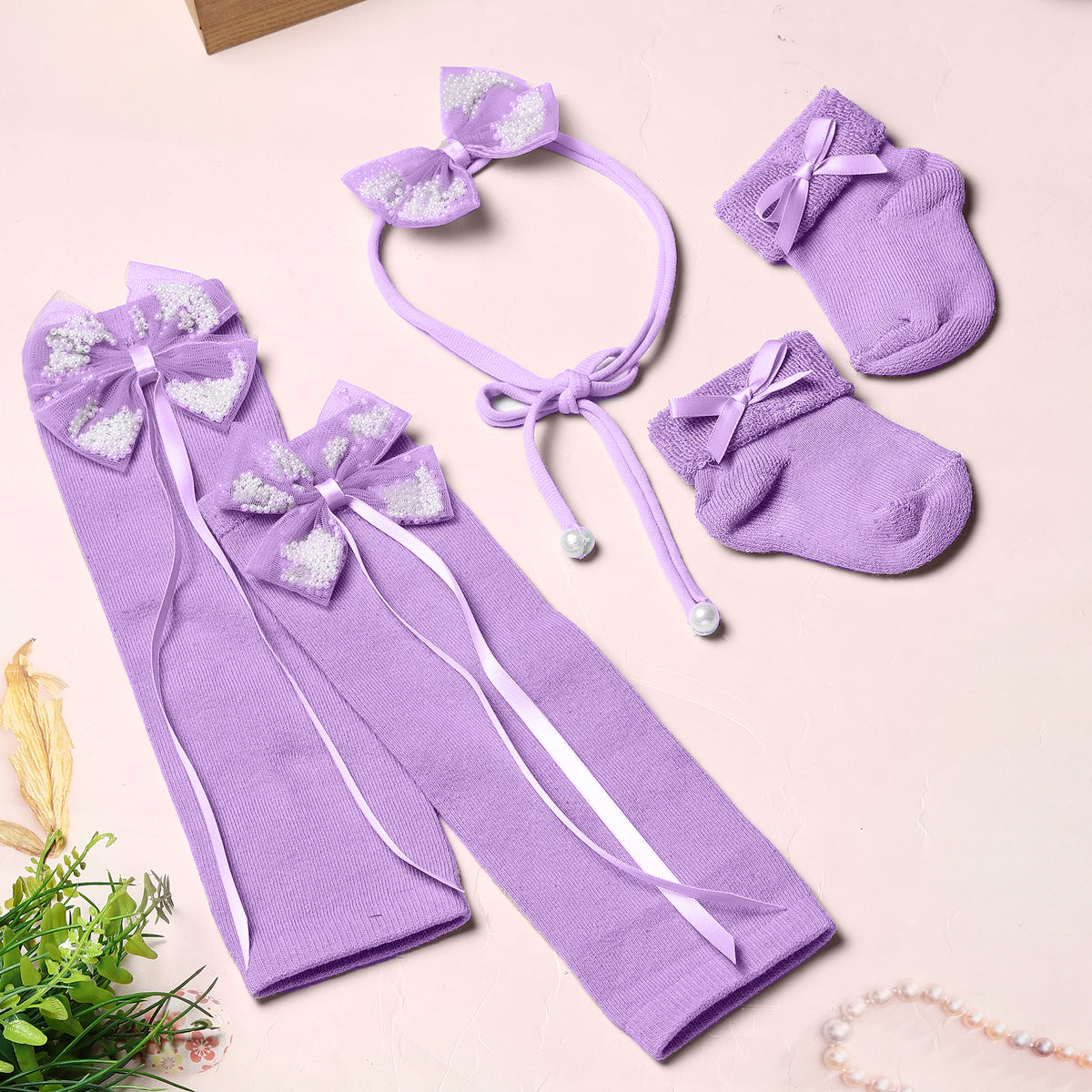 TIPY TIPY TAP PEARLY BOW LEGWARMERS WITH SOCKS & HEADBAND - LILAC