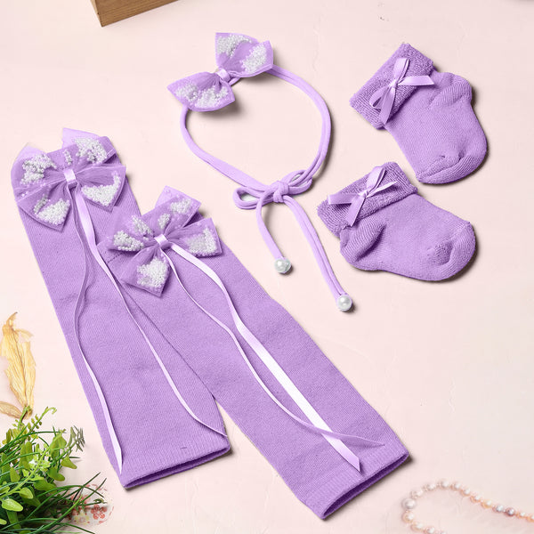 TIPY TIPY TAP PEARLY BOW LEGWARMERS WITH SOCKS & HEADBAND - LILAC