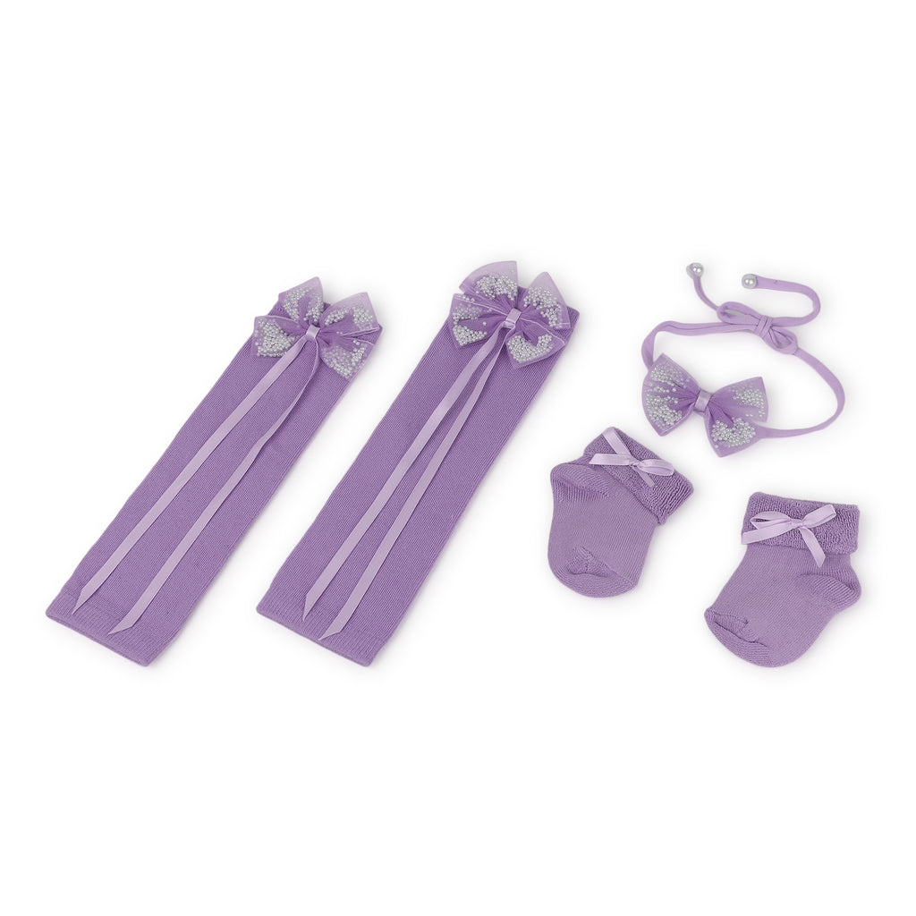 TIPY TIPY TAP PEARLY BOW LEGWARMERS WITH SOCKS & HEADBAND - LILAC