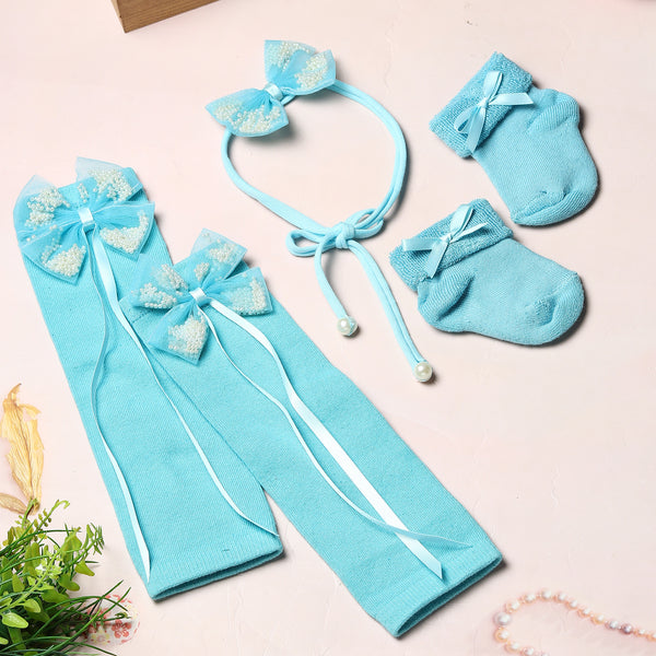 TIPY TIPY TAP SKY BLUE PEARL BOW BABY LEG WARMERS SET WITH SOCKS & HEADBAND.