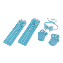 TIPY TIPY TAP SKY BLUE PEARL BOW BABY LEG WARMERS SET WITH SOCKS & HEADBAND.