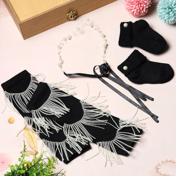 TIPY TIPY TAP PEARL FRINGE LEGWARMERS WITH SOCKS & HEADBAND - BLACK