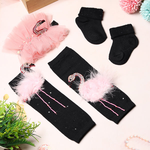 TIPY TIPY TAP FLAMINGO EMBELLISHED LEGWARMERS WITH SOCKS & HEADBAND - BLACK