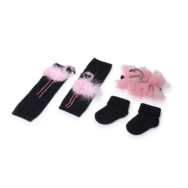 TIPY TIPY TAP FLAMINGO EMBELLISHED LEGWARMERS WITH SOCKS & HEADBAND - BLACK