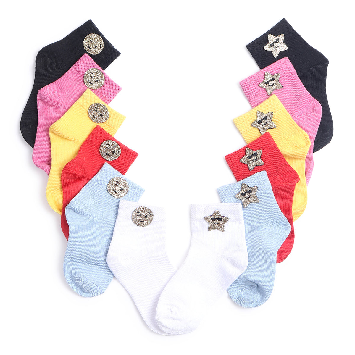 TIPY TIPY TAP SET OF 6 COTTON GLITTER SMILEY SOCKS - YELLOW,PINK,RED,BLACK,WHITE,BLUE