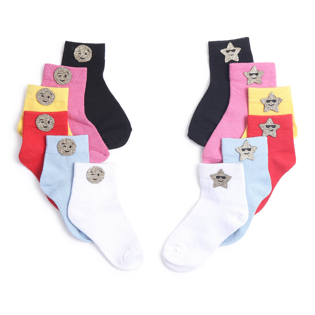 TIPY TIPY TAP SET OF 6 COTTON GLITTER SMILEY SOCKS - YELLOW,PINK,RED,BLACK,WHITE,BLUE