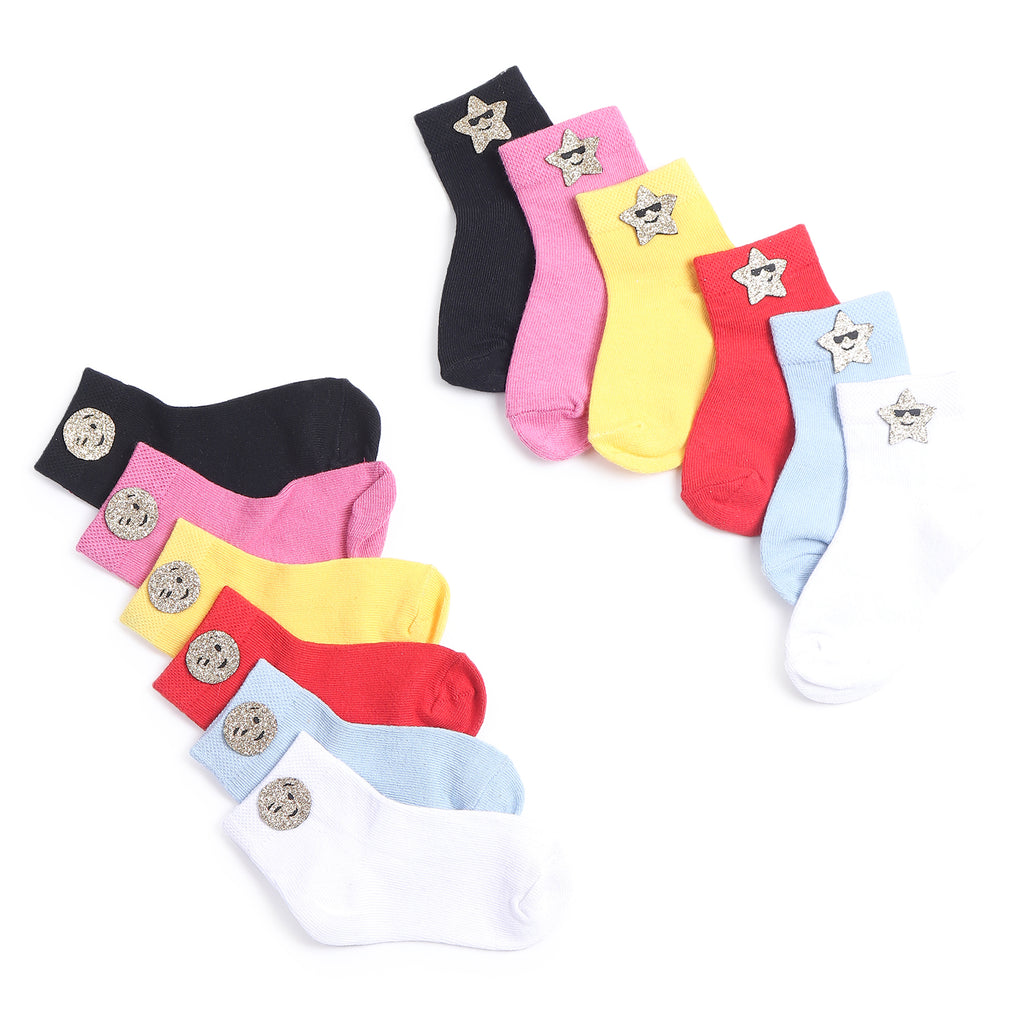 TIPY TIPY TAP SET OF 6 COTTON GLITTER SMILEY SOCKS - YELLOW,PINK,RED,BLACK,WHITE,BLUE