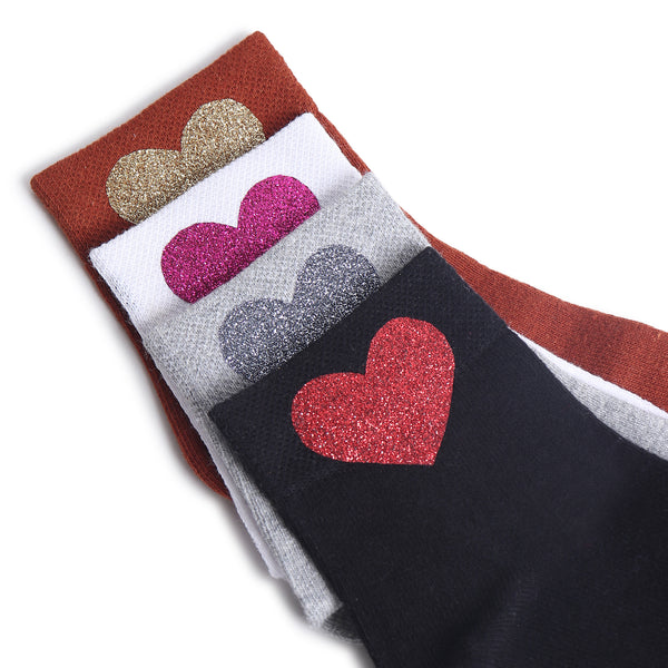 TIPY TIPY TAP SET OF 4 COTTON Heart SOCKS - WHITE/BLACK/BROWN/GREY