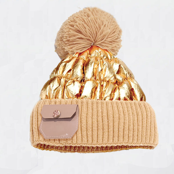 TIPY TIPY TAP WOOLLEN PUFFY LEATHER POMPOM CAP WITH POCKET - GOLDEN