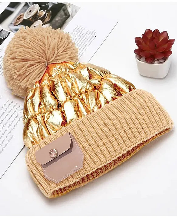 TIPY TIPY TAP WOOLLEN PUFFY LEATHER POMPOM CAP WITH POCKET - GOLDEN