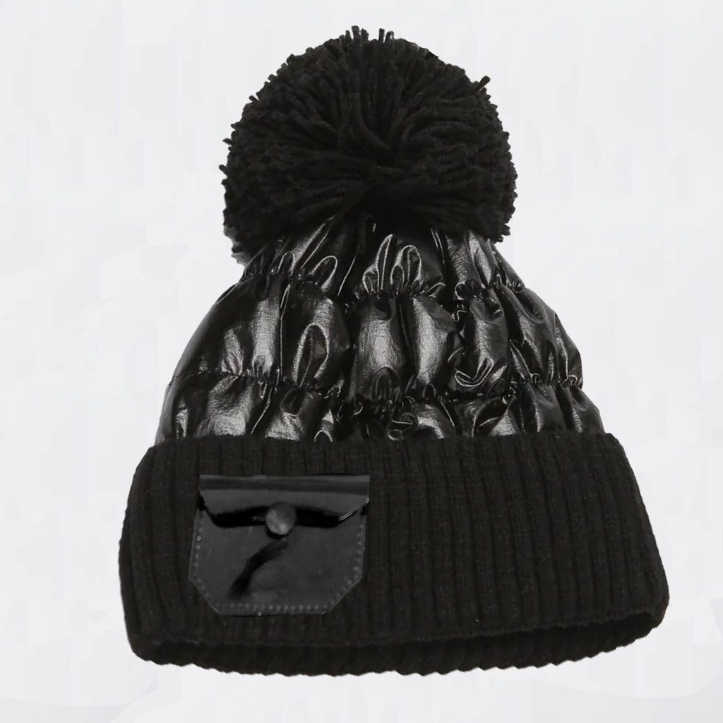 TIPY TIPY TAP WOOLLEN PUFFY LEATHER POMPOM CAP WITH POCKET - BLACK