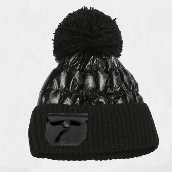 TIPY TIPY TAP WOOLLEN PUFFY LEATHER POMPOM CAP WITH POCKET - BLACK