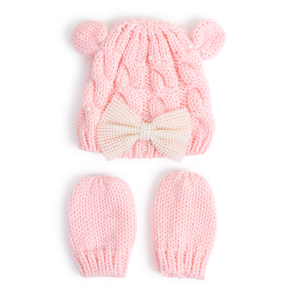 TIPY TIPY TAP PEARLY BOW CAP WITH MITTENS - PINK