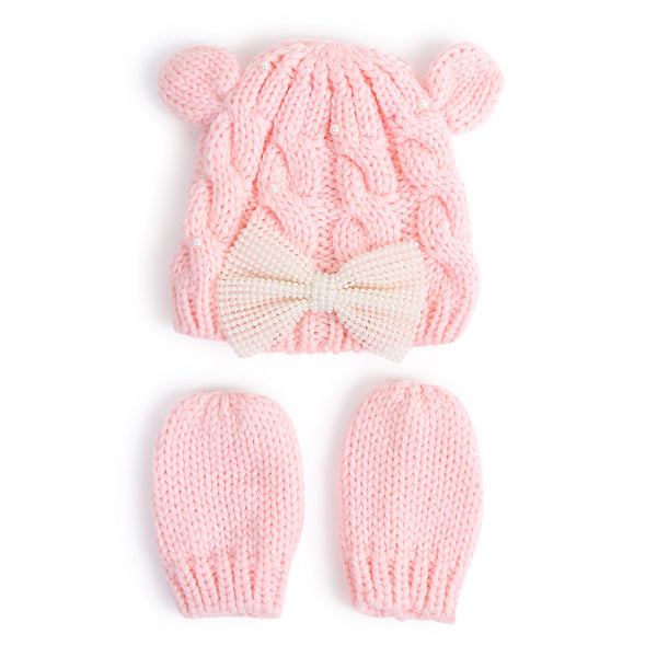 TIPY TIPY TAP PEARLY BOW CAP WITH MITTENS - PINK