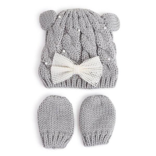 TIPY TIPY TAP PEARLY BOW CAP WITH MITTENS - GREY
