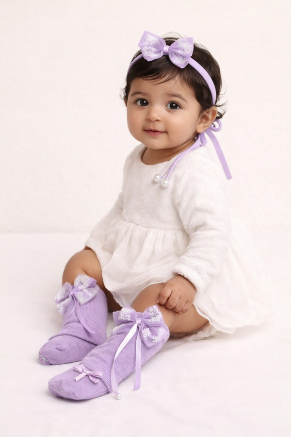 TIPY TIPY TAP PEARLY BOW LEGWARMERS WITH SOCKS & HEADBAND - LILAC